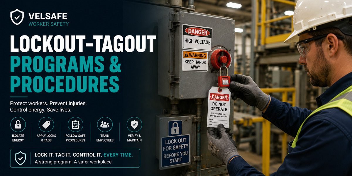 Industrial worker in PPE applying a lockout padlock and danger tagout tag to a high-voltage electrical panel during energy isolation procedures