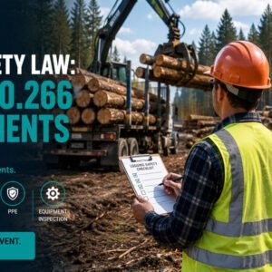 Logger in full PPE including chainsaw chaps and hard hat beside a felled tree in a forest