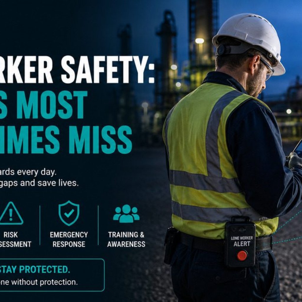 Lone worker in PPE holding a communication device at an industrial facility at dusk, with a lone worker alert device clipped to his vest