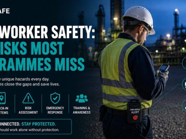 Lone worker in PPE holding a communication device at an industrial facility at dusk, with a lone worker alert device clipped to his vest
