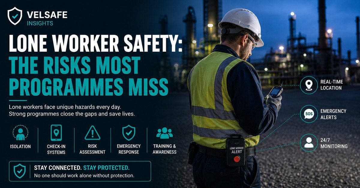 Lone worker in PPE holding a communication device at an industrial facility at dusk, with a lone worker alert device clipped to his vest