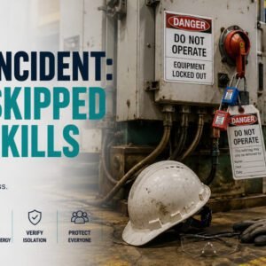 Industrial machinery locked out with danger tags and padlocks, fallen hard hat and PPE on the floor, with caution tape and a maintenance in progress sign indicating a serious LOTO incident scene