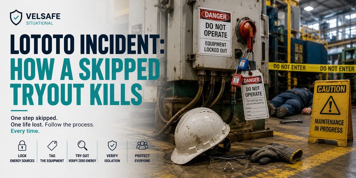 Industrial machinery locked out with danger tags and padlocks, fallen hard hat and PPE on the floor, with caution tape and a maintenance in progress sign indicating a serious LOTO incident scene