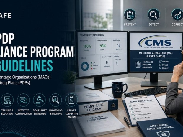 Compliance officer reviewing CMS Medicare Advantage programme binder with regulatory dashboard overlay
