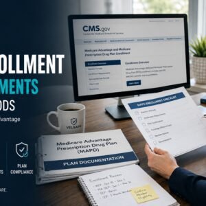 Compliance officer reviewing a Medicare Advantage enrollment form beside an election-period calendar graphic