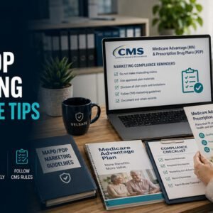 Compliance professional reviewing CMS Medicare Advantage and PDP marketing guidelines with a compliance checklist and approved materials on desk