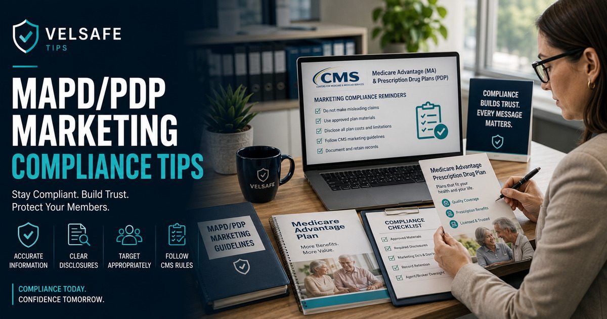 Compliance professional reviewing CMS Medicare Advantage and PDP marketing guidelines with a compliance checklist and approved materials on desk