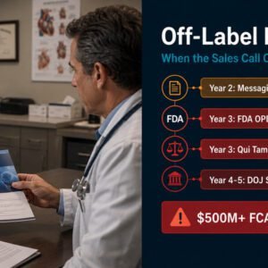 Pharma sales rep in physician office with FDA OPDP enforcement timeline showing qui tam lawsuit filing and DOJ False Claims Act settlement risk