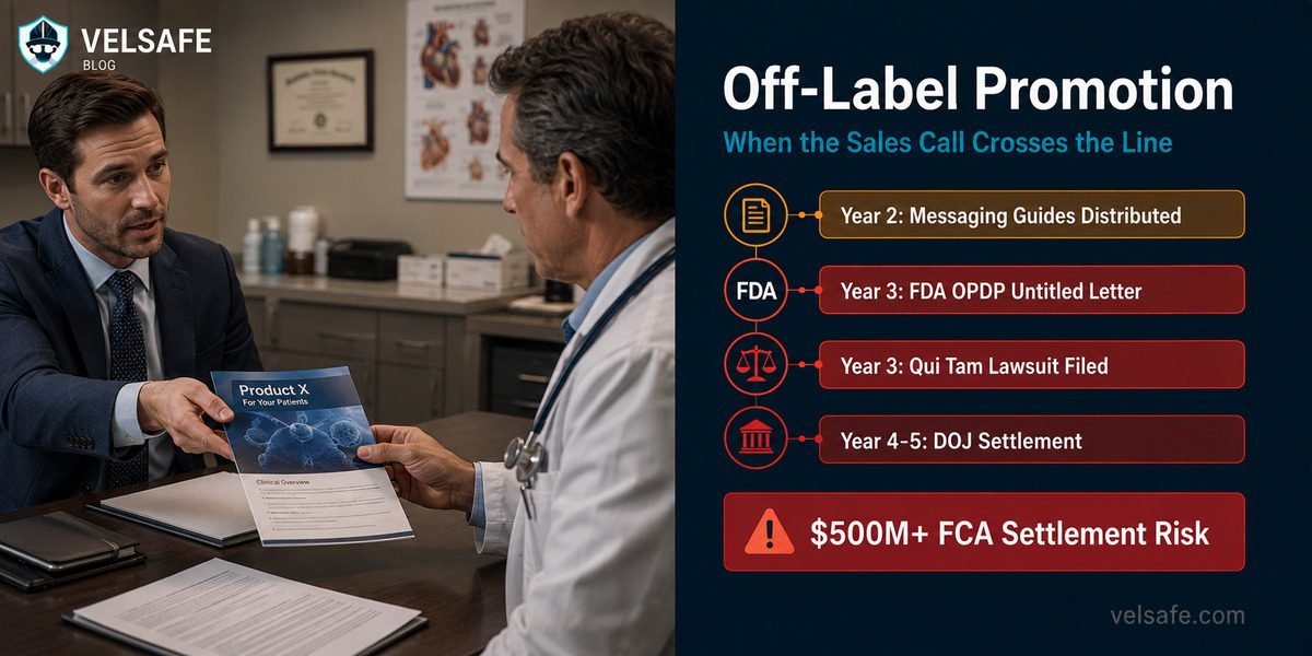 Pharma sales rep in physician office with FDA OPDP enforcement timeline showing qui tam lawsuit filing and DOJ False Claims Act settlement risk