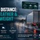 Commercial tractor-trailer on a wet highway in rainy conditions with road signs reading Reduce Speed in Wet Conditions and Slow Down Increase Following Distance, illustrating stopping distance risk factors