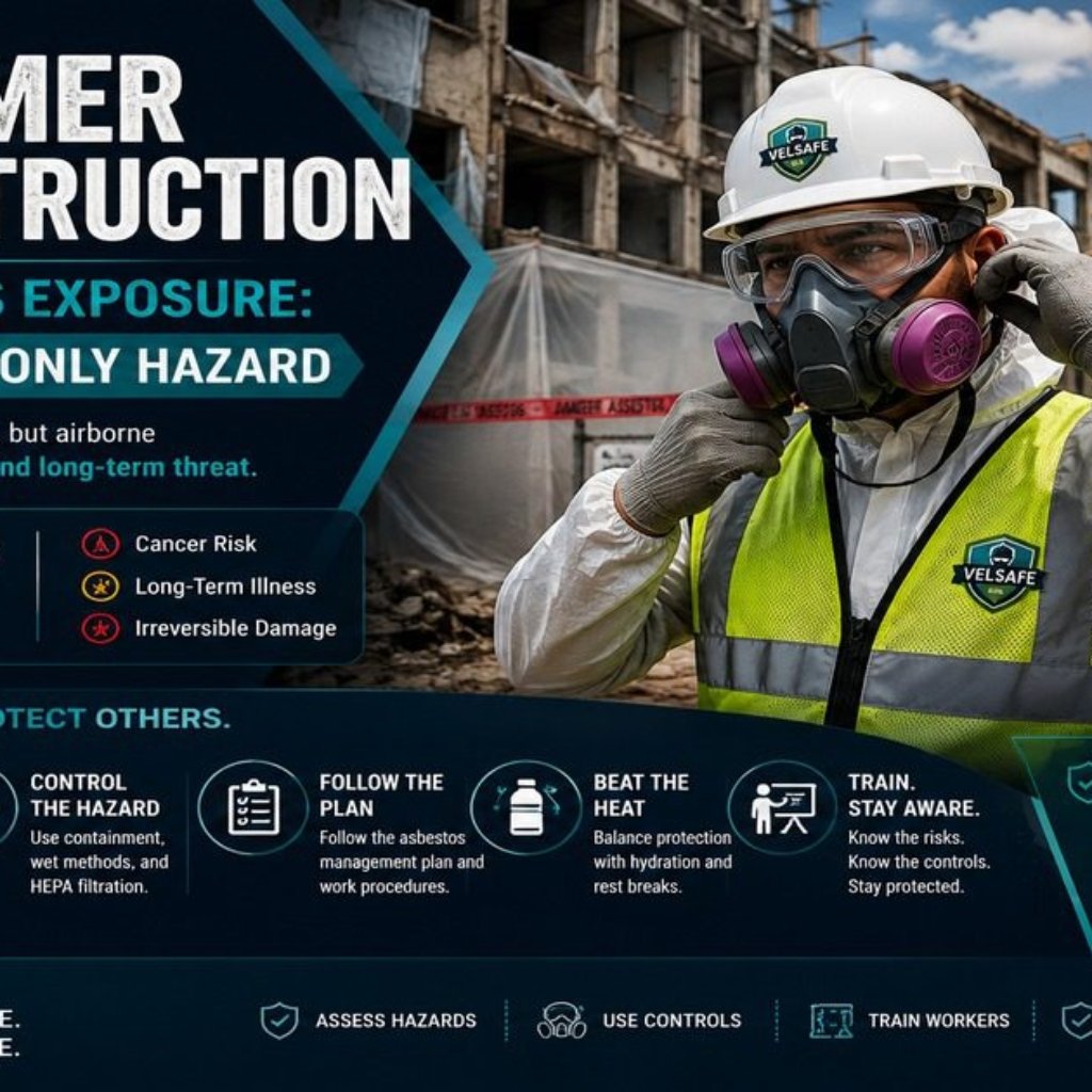 Summer construction asbestos exposure featured image showing a construction worker in respirator and protective suit at a demolition site with asbestos hazard signage, heat stress risk reminders, and a five-point safety compliance checklist covering PPE, hazard control, asbestos management plan, heat illness prevention, and worker training.