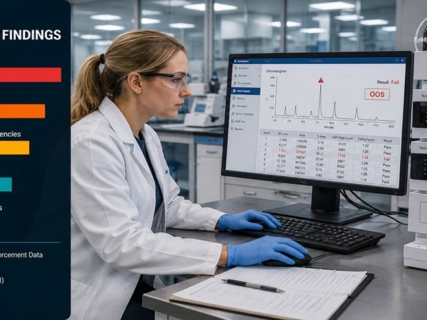 cGMP violations in analytical labs featured image showing a female pharmaceutical quality analyst reviewing a chromatogram with an OOS flag on screen at an HPLC workstation, with a horizontal bar chart of top FDA 483 findings including data integrity and OOS investigation gaps in the left panel.