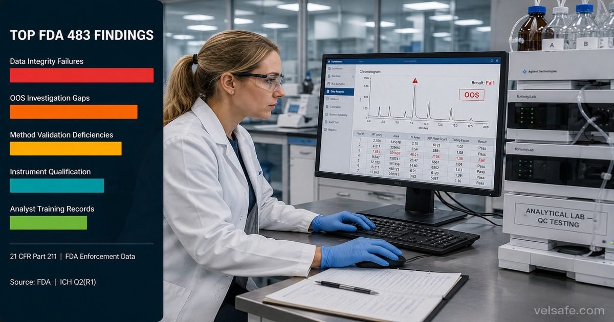 cGMP violations in analytical labs featured image showing a female pharmaceutical quality analyst reviewing a chromatogram with an OOS flag on screen at an HPLC workstation, with a horizontal bar chart of top FDA 483 findings including data integrity and OOS investigation gaps in the left panel.
