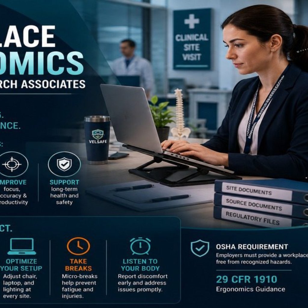 Workplace ergonomics for clinical research associates featured image showing a female CRA working at a laptop on a stand at a clinical site visit workstation, with ergonomic posture annotations for neutral neck, back support, arm position, and foot placement, and an OSHA 29 CFR 1910 ergonomics requirement note.