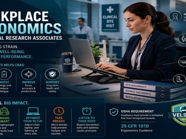 Workplace ergonomics for clinical research associates featured image showing a female CRA working at a laptop on a stand at a clinical site visit workstation, with ergonomic posture annotations for neutral neck, back support, arm position, and foot placement, and an OSHA 29 CFR 1910 ergonomics requirement note.