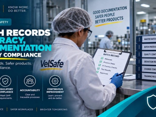 Batch records accuracy documentation and safety compliance guide showing a pharmaceutical manufacturing worker in a white lab coat, hair net, and blue gloves completing a batch record checklist covering materials, process steps, in-process checks, test results, and approvals on a clipboard, with master batch records, batch production records, quality control records, deviation records, change control, and training records binders stacked beside the workstation in a GMP facility