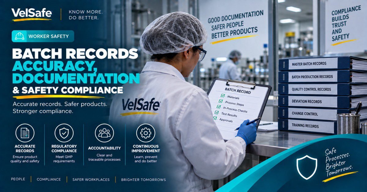 Batch records accuracy documentation and safety compliance guide showing a pharmaceutical manufacturing worker in a white lab coat, hair net, and blue gloves completing a batch record checklist covering materials, process steps, in-process checks, test results, and approvals on a clipboard, with master batch records, batch production records, quality control records, deviation records, change control, and training records binders stacked beside the workstation in a GMP facility