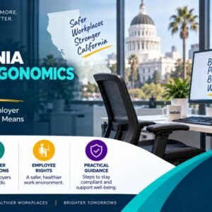 California Office Ergonomics Law guide showing a modern California office workstation with an ergonomic chair, monitor displaying better posture and brighter workdays, the California state outline, and icons covering employer obligations, employee rights, and practical compliance guidance under Title 8 Section 5110
