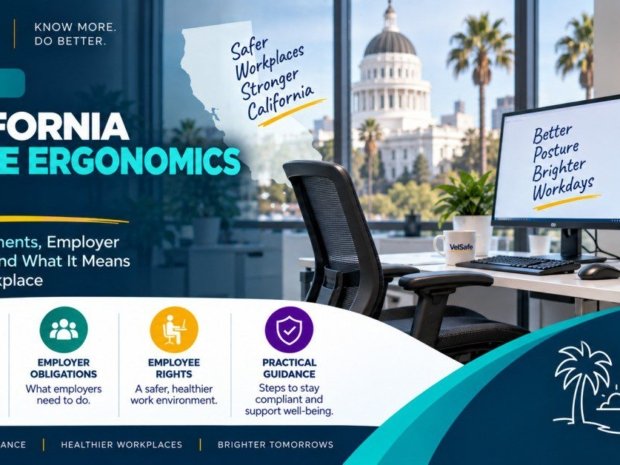 California Office Ergonomics Law guide showing a modern California office workstation with an ergonomic chair, monitor displaying better posture and brighter workdays, the California state outline, and icons covering employer obligations, employee rights, and practical compliance guidance under Title 8 Section 5110