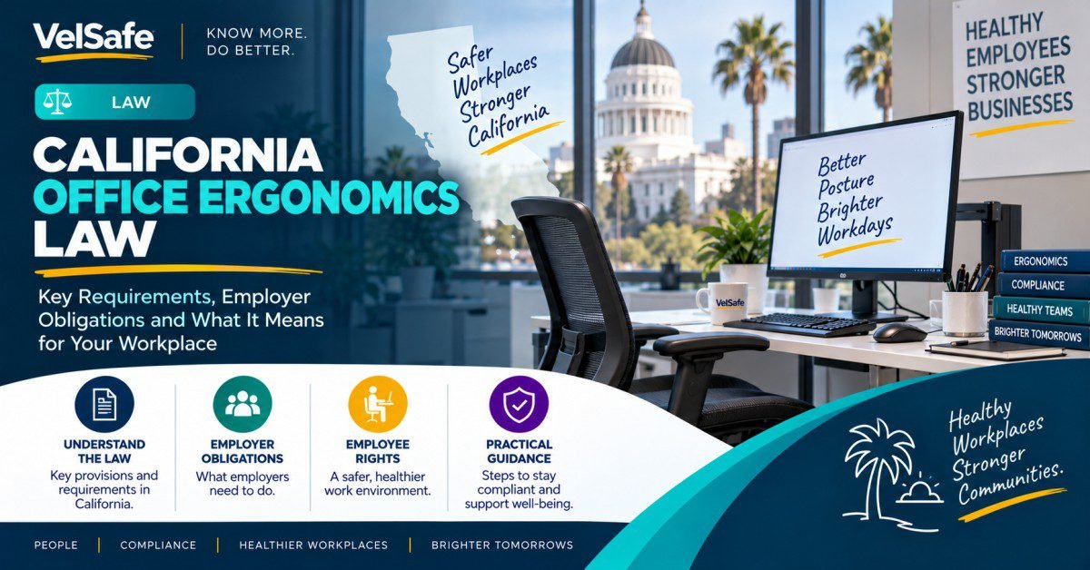 California Office Ergonomics Law guide showing a modern California office workstation with an ergonomic chair, monitor displaying better posture and brighter workdays, the California state outline, and icons covering employer obligations, employee rights, and practical compliance guidance under Title 8 Section 5110