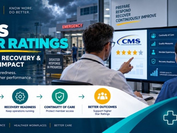 CMS star ratings disaster recovery and quality impact case study showing a physician and healthcare administrator reviewing CMS star ratings on a monitor displaying continuity of care, quality measures, member experience, and recovery readiness metrics, with a hospital emergency entrance and disaster response in progress sign visible in the background