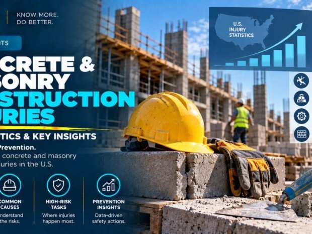 Yellow hard hat and work gloves on concrete masonry blocks at US construction site with injury statistics dashboard showing falls, struck-by objects, equipment-related and material handling injury categories