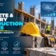 Yellow hard hat and work gloves on concrete masonry blocks at US construction site with injury statistics dashboard showing falls, struck-by objects, equipment-related and material handling injury categories
