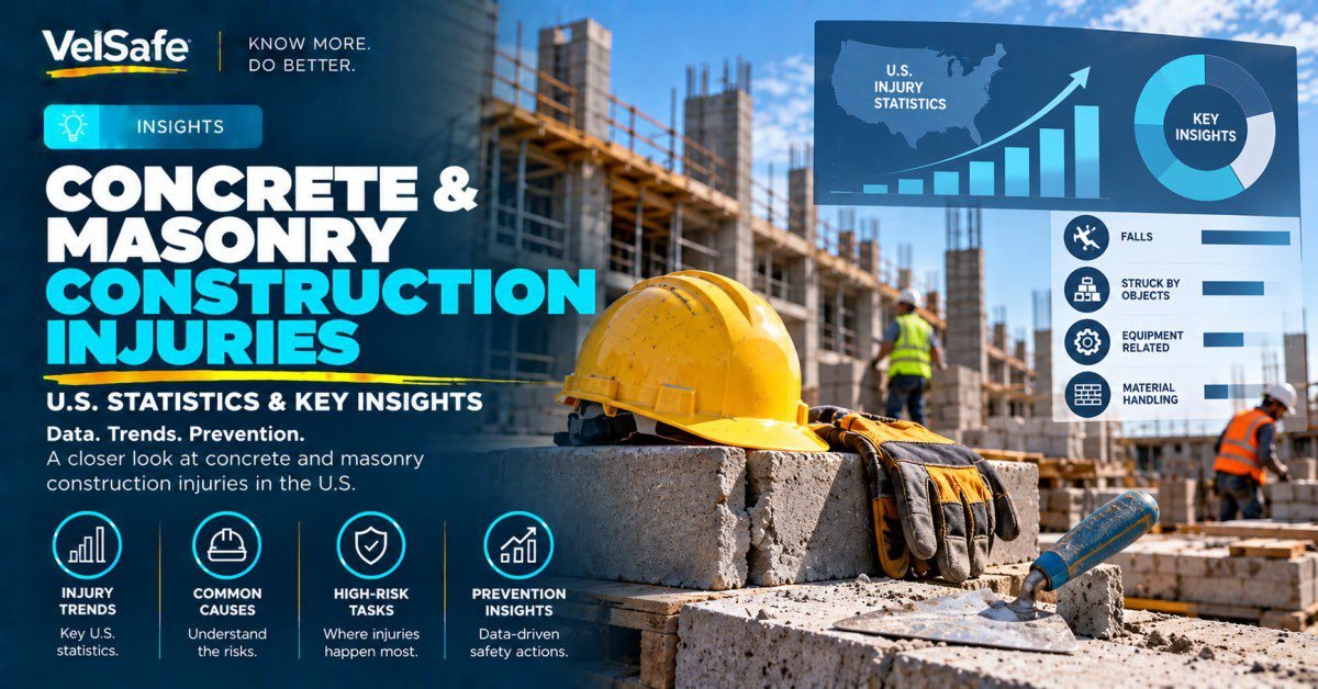 Yellow hard hat and work gloves on concrete masonry blocks at US construction site with injury statistics dashboard showing falls, struck-by objects, equipment-related and material handling injury categories