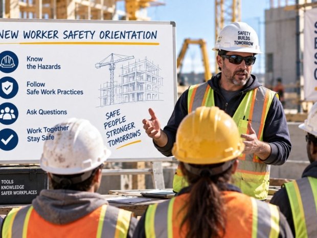 Construction supervisor delivering safety orientation to new workers on a job site covering hazard recognition safe work practices and OSHA requirements under 29 CFR 1926.21