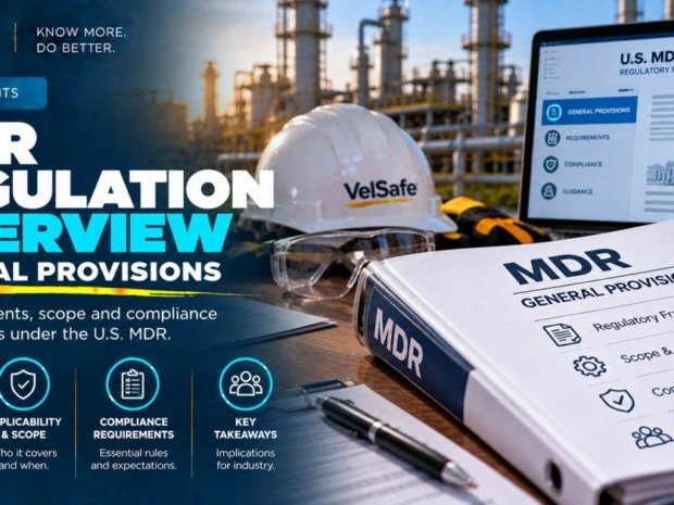 MDR General Provisions compliance binder showing regulatory framework scope applicability and compliance requirements sections beside a laptop displaying EU MDR regulatory framework with general provisions requirements compliance and guidance tabs illustrating EU MDR 2017/745 articles 1 and 2 analysis
