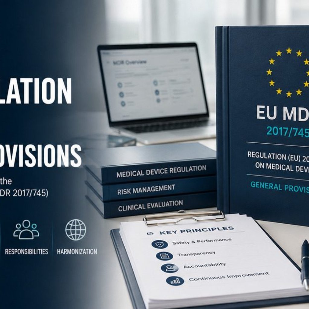 EU MDR 2017/745 regulation book beside a stethoscope and compliance checklist showing key principles including safety, transparency, accountability and continuous improvement, with a laptop displaying an MDR overview, representing the scope and general provisions of the EU Medical Device Regulation
