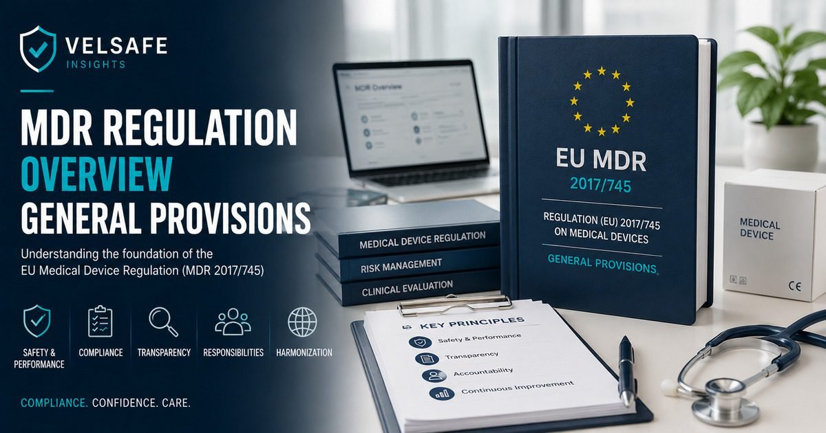 EU MDR 2017/745 regulation book beside a stethoscope and compliance checklist showing key principles including safety, transparency, accountability and continuous improvement, with a laptop displaying an MDR overview, representing the scope and general provisions of the EU Medical Device Regulation