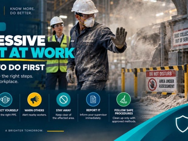 Excessive dust workplace safety tips showing a worker in a hard hat and N95 respirator holding up a stop hand signal in a dusty industrial facility with a dust collection out of service sign and a do not disturb area under assessment warning sign visible, with a safety supervisor in a high-visibility vest in the background and accumulated dust covering surfaces and equipment