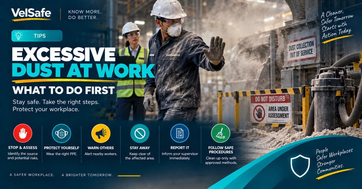 Excessive dust workplace safety tips showing a worker in a hard hat and N95 respirator holding up a stop hand signal in a dusty industrial facility with a dust collection out of service sign and a do not disturb area under assessment warning sign visible, with a safety supervisor in a high-visibility vest in the background and accumulated dust covering surfaces and equipment