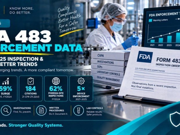 FDA Form 483 inspection observations document beside pharmaceutical enforcement trend chart showing 303 warning letters in FY2025 and 59% surge from FY2024