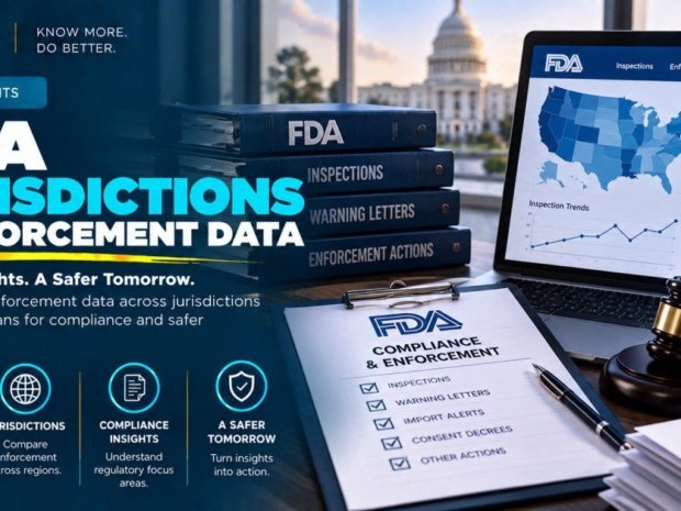 FDA compliance and enforcement checklist clipboard beside regulatory binders and laptop showing enforcement actions by jurisdiction map and inspection trends data for 2026