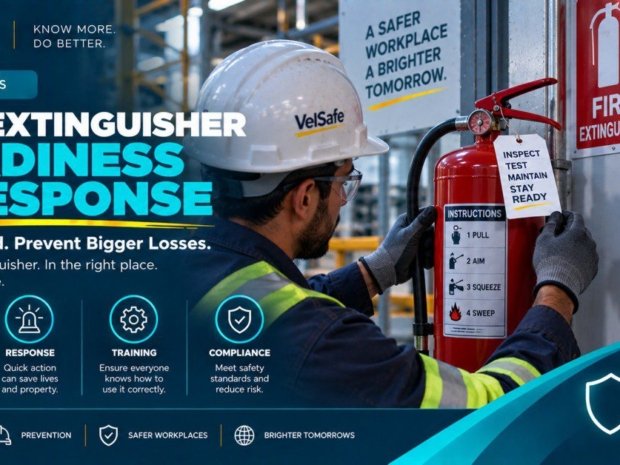 Fire extinguisher readiness and response 2026 VelSafe Insights showing a male industrial worker in a white hard hat safety glasses and high visibility vest inspecting and tagging a red fire extinguisher mounted on a wall in an industrial warehouse facility with PASS instructions panel visible and text overlays reading Inspect Test Maintain Stay Ready with icons for Readiness Response Training and Compliance and tagline Be Prepared Prevent Bigger Losses