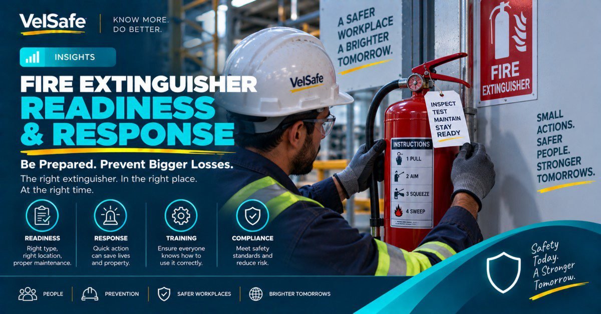 Fire extinguisher readiness and response 2026 VelSafe Insights showing a male industrial worker in a white hard hat safety glasses and high visibility vest inspecting and tagging a red fire extinguisher mounted on a wall in an industrial warehouse facility with PASS instructions panel visible and text overlays reading Inspect Test Maintain Stay Ready with icons for Readiness Response Training and Compliance and tagline Be Prepared Prevent Bigger Losses