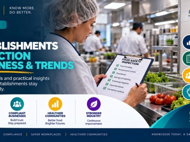 Food establishment inspection readiness trends insights showing a food safety inspector in hairnet reviewing a food safety inspection checklist covering food handling, temperature control, cleanliness, storage and labelling, employee hygiene, documentation, and corrective actions in a commercial kitchen