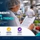 Food establishment inspection readiness trends insights showing a food safety inspector in hairnet reviewing a food safety inspection checklist covering food handling, temperature control, cleanliness, storage and labelling, employee hygiene, documentation, and corrective actions in a commercial kitchen