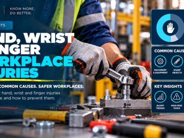 Worker wearing cut-resistant gloves using a wrench on industrial machinery illustrating hand wrist and finger workplace injuries from machinery equipment sharp objects tools and manual material handling