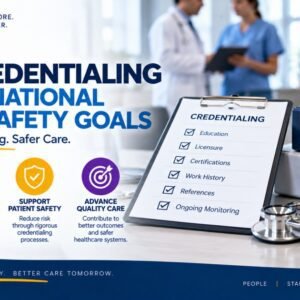 HCIR credentialing and National Patient Safety Goals guide showing a credentialing checklist with education, licensure, certifications, work history, references, and ongoing monitoring alongside The Joint Commission NPSG reference binder