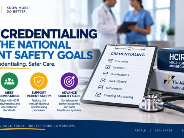 HCIR credentialing and National Patient Safety Goals guide showing a credentialing checklist with education, licensure, certifications, work history, references, and ongoing monitoring alongside The Joint Commission NPSG reference binder