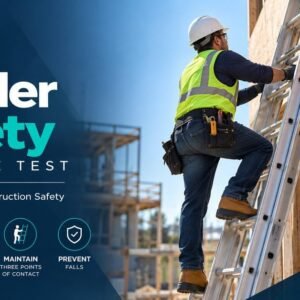 Ladder safety practice test showing a construction worker using an extension ladder