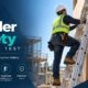Ladder safety practice test showing a construction worker using an extension ladder