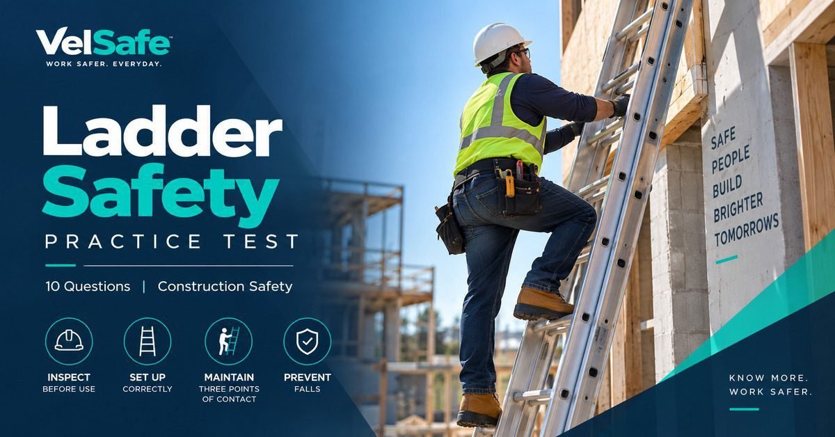 Ladder safety practice test showing a construction worker using an extension ladder