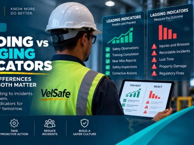 Leading and lagging indicators in safety tips showing a safety manager in a hard hat and high-visibility vest holding a tablet displaying prevent and react safety performance charts, with infographic panels comparing leading indicators (safety observations, training completion, near-miss reports, safety inspections, corrective actions) against lagging indicators (injuries and illnesses, recordable incidents, lost time, property damage, regulatory fines) in an industrial facility