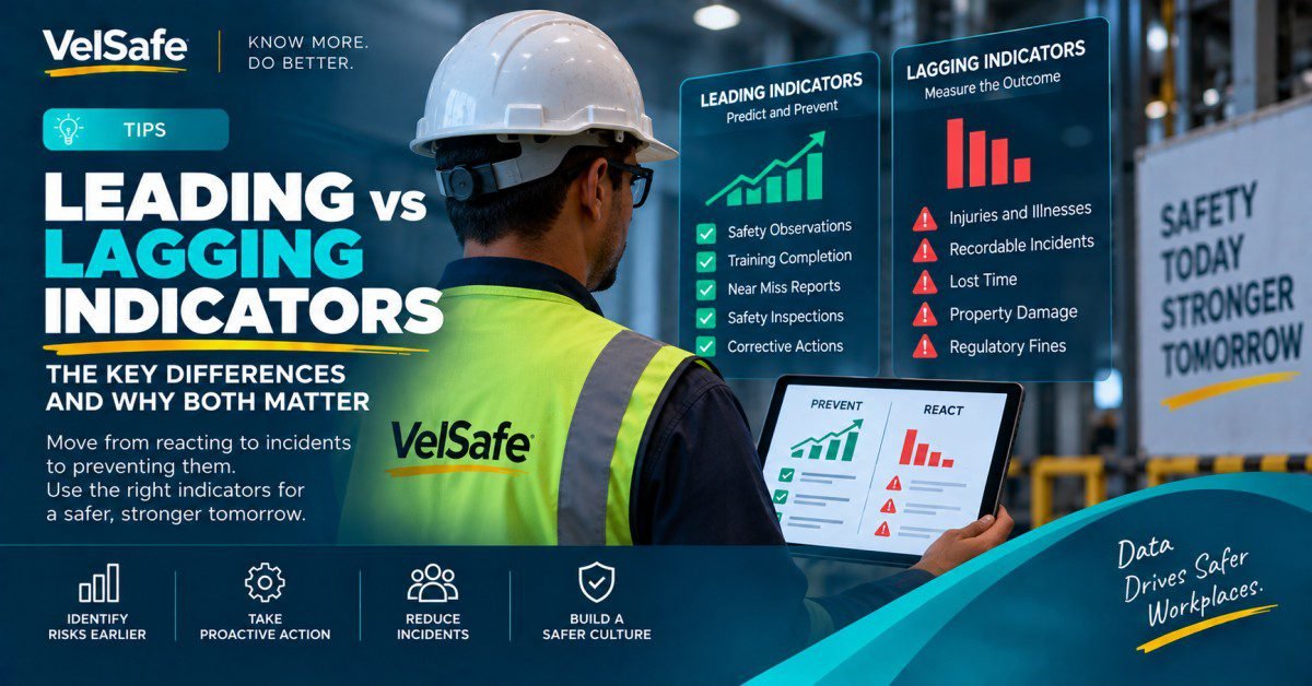 Leading and lagging indicators in safety tips showing a safety manager in a hard hat and high-visibility vest holding a tablet displaying prevent and react safety performance charts, with infographic panels comparing leading indicators (safety observations, training completion, near-miss reports, safety inspections, corrective actions) against lagging indicators (injuries and illnesses, recordable incidents, lost time, property damage, regulatory fines) in an industrial facility