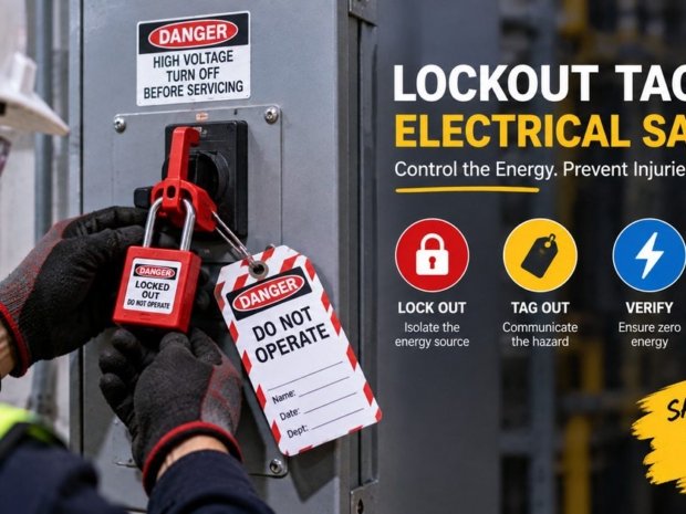 Worker applying lockout tagout on high voltage electrical panel with danger locked out do not operate padlock and hazard tag showing the lock out tag out verify and work safe steps