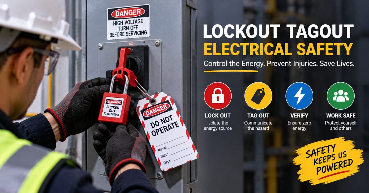 Worker applying lockout tagout on high voltage electrical panel with danger locked out do not operate padlock and hazard tag showing the lock out tag out verify and work safe steps
